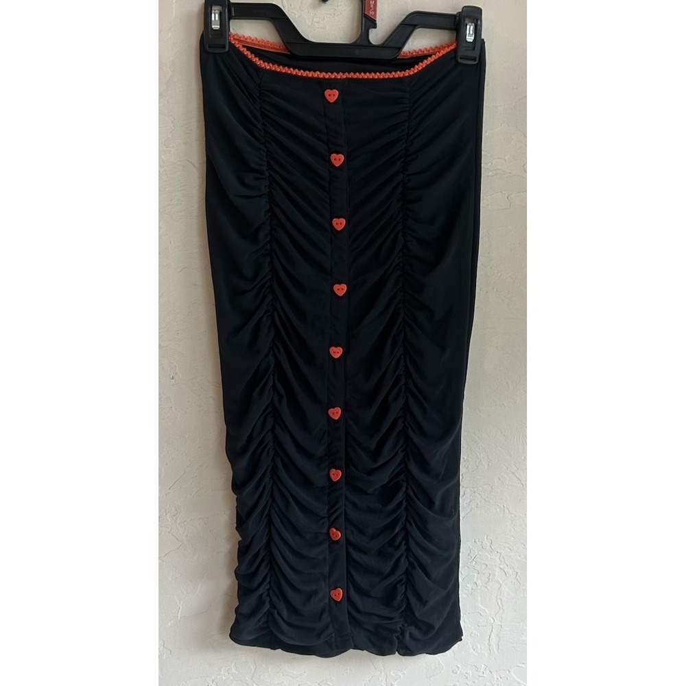 Urban Outfitters Katie Ruched Midi Skirt S NWT Black Mesh Heart Button Y2K Goth‎
